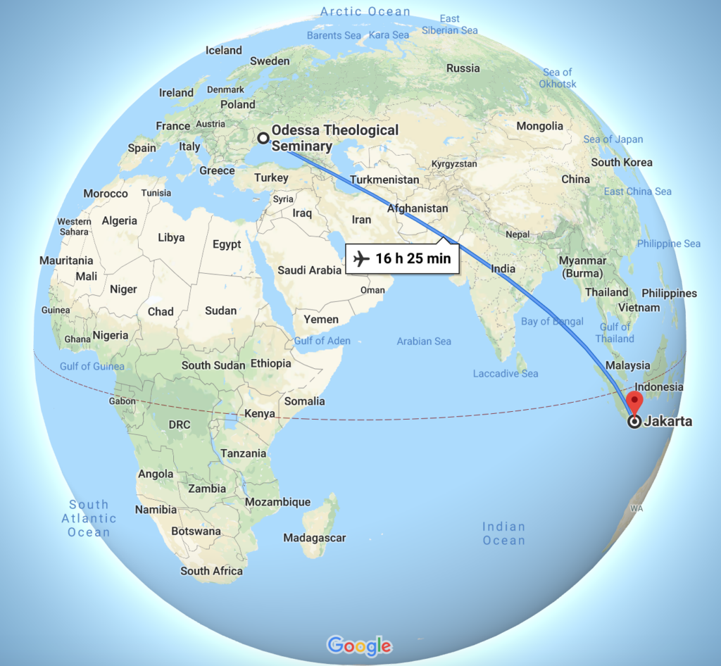 A map showing the distance between Ukraine and Indonesia.